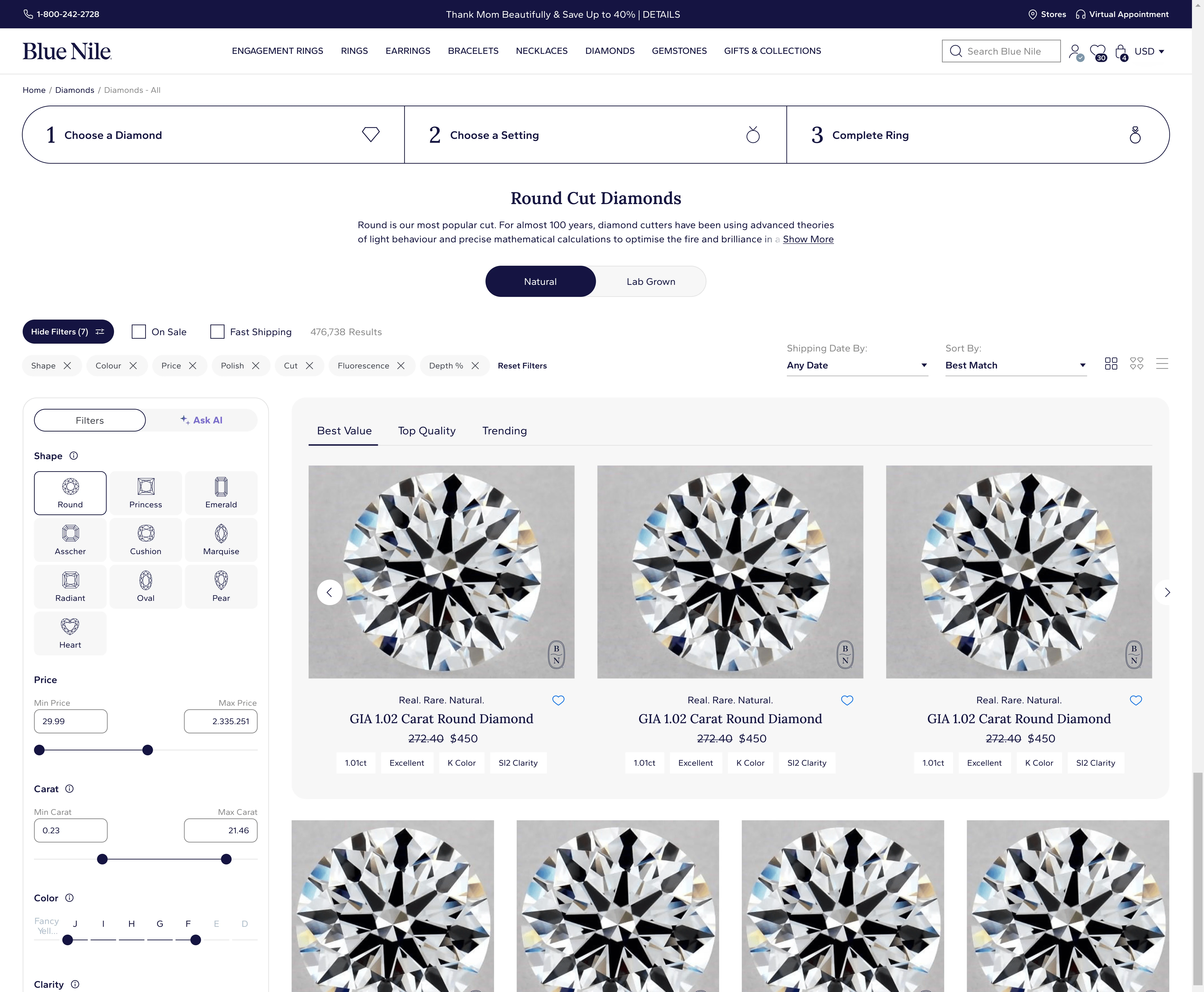 Blue Nile diamond results page with AI assistance, filter controls, product cards, and comparison-oriented shopping controls.