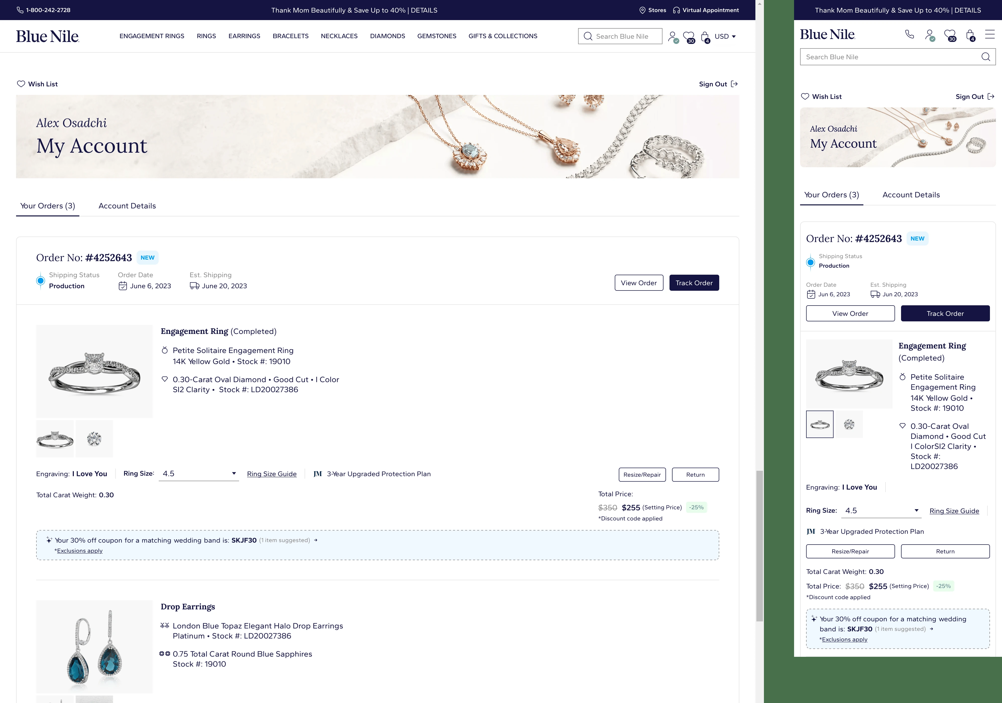 Blue Nile My Account page showing order tracking, service actions, product details, and a responsive mobile account screen.