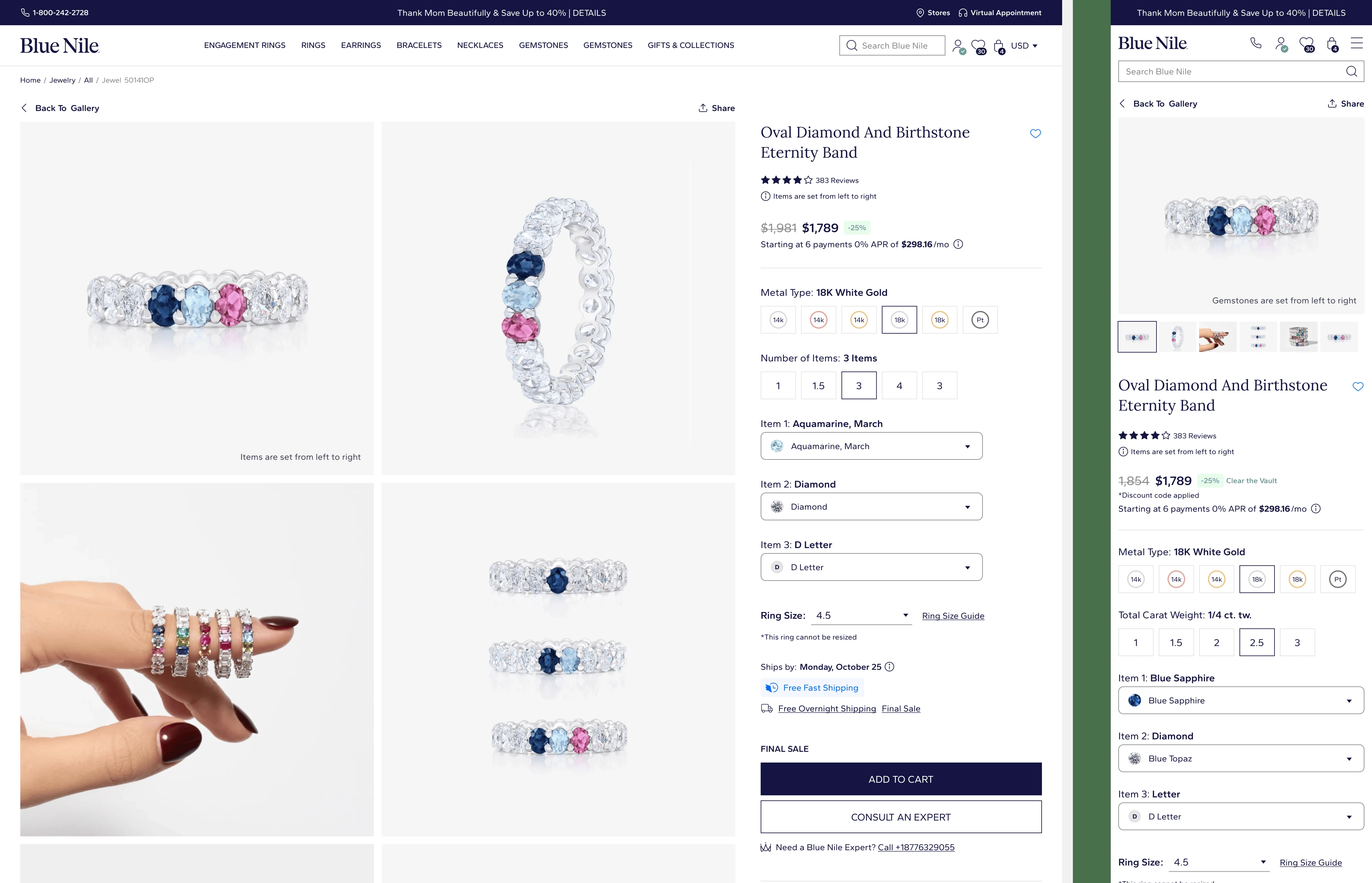 Blue Nile personalized jewel product detail page showing desktop and mobile layouts with product media, options, pricing, and purchase controls.