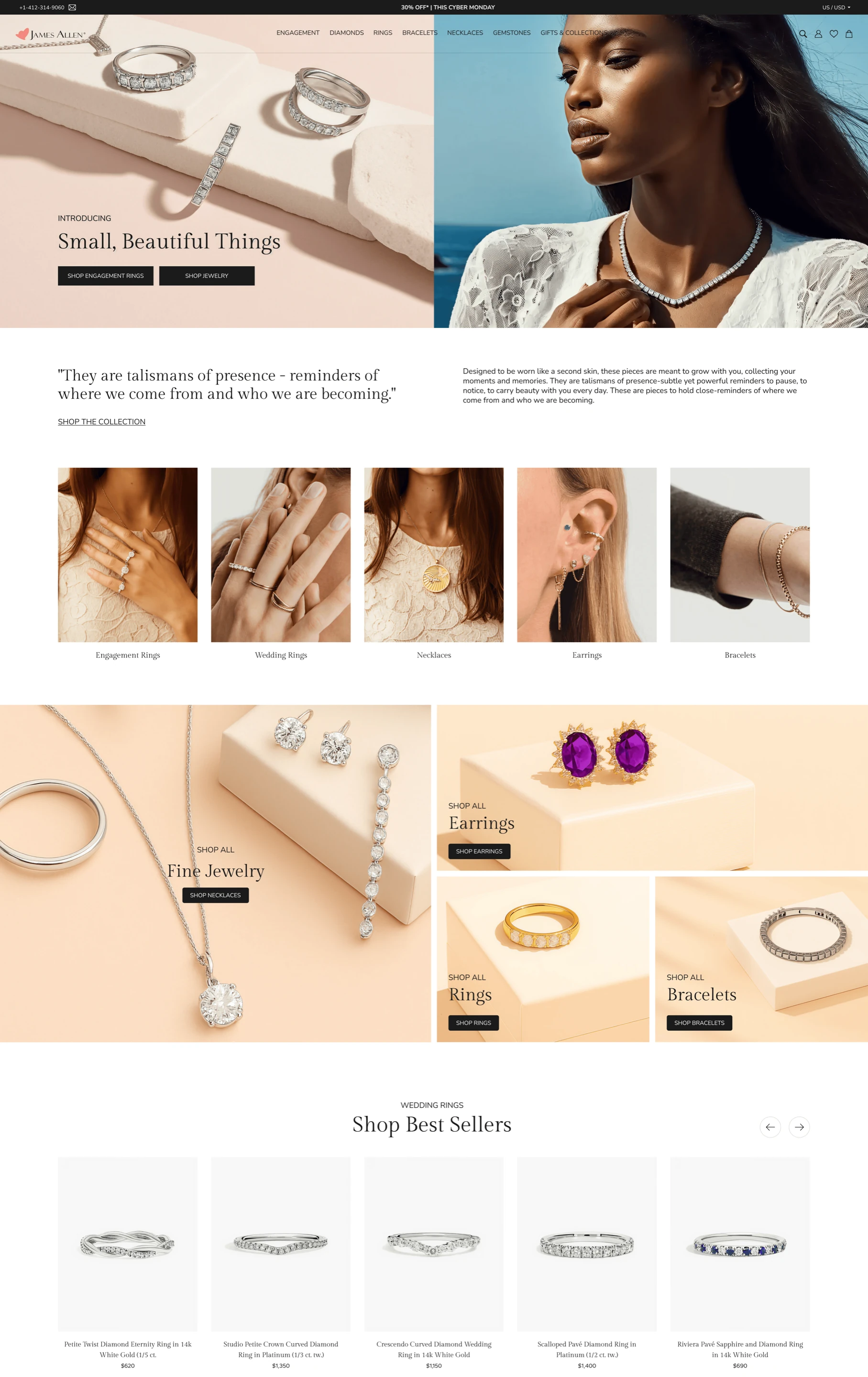 James Allen homepage redesign with an editorial hero, jewelry lifestyle imagery, product modules, and brand-led shopping sections.