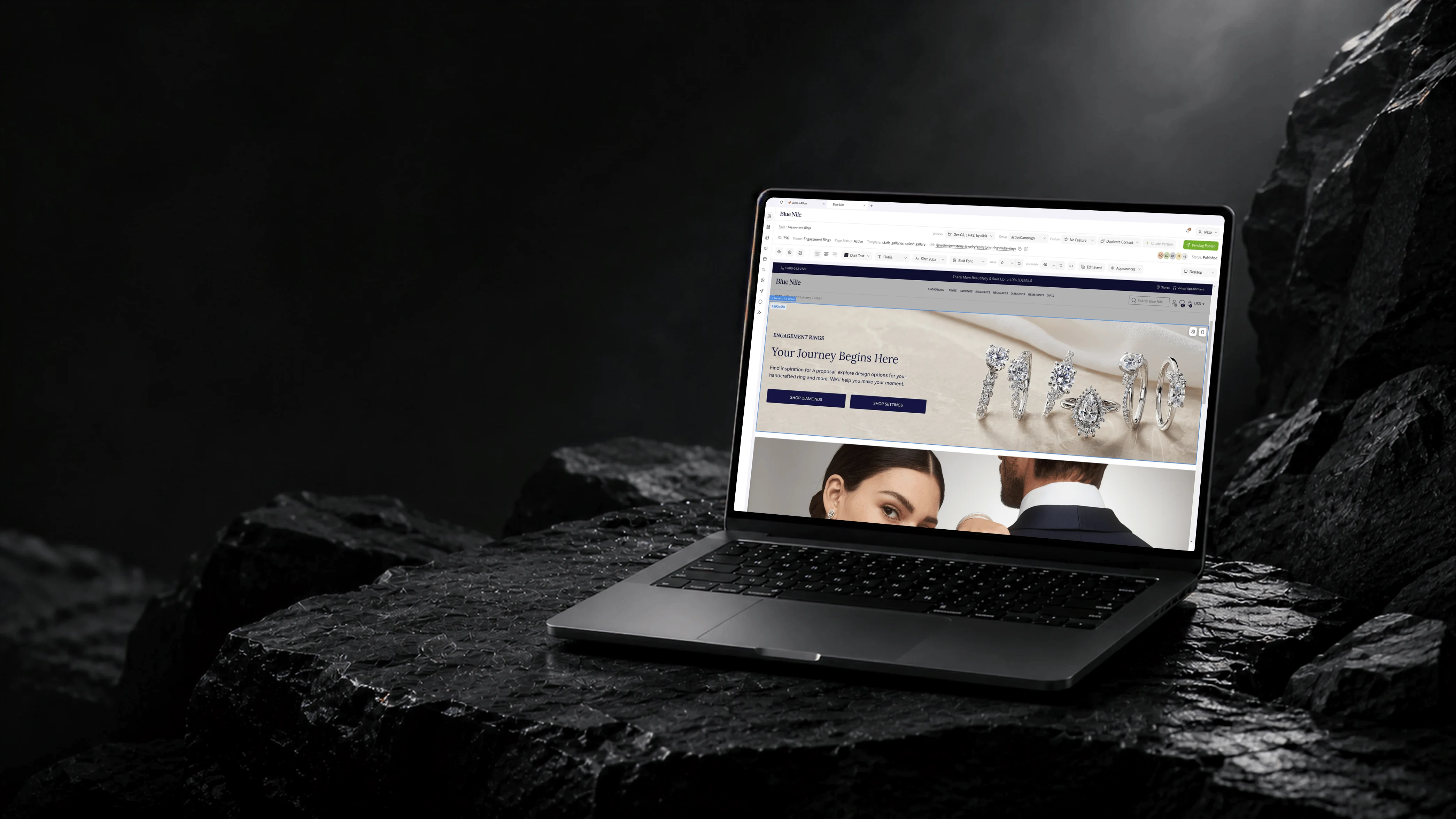 Laptop showing the Content Toro CMS with a Blue Nile page preview and editable content panels on a dark stone set.