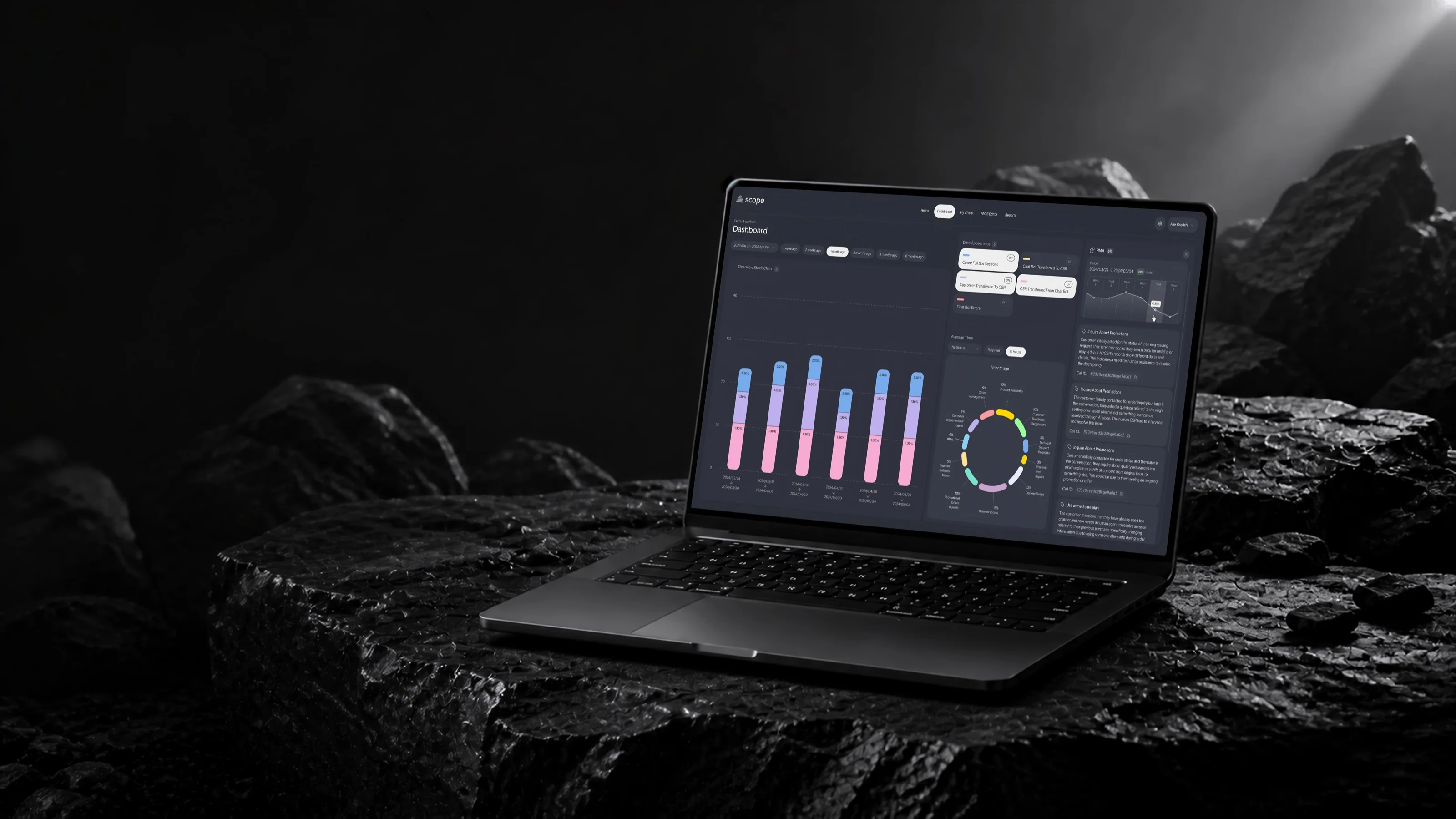 Laptop showing the Scope dashboard with stacked transfer charts, issue cards, and evidence panels on a dark stone set.