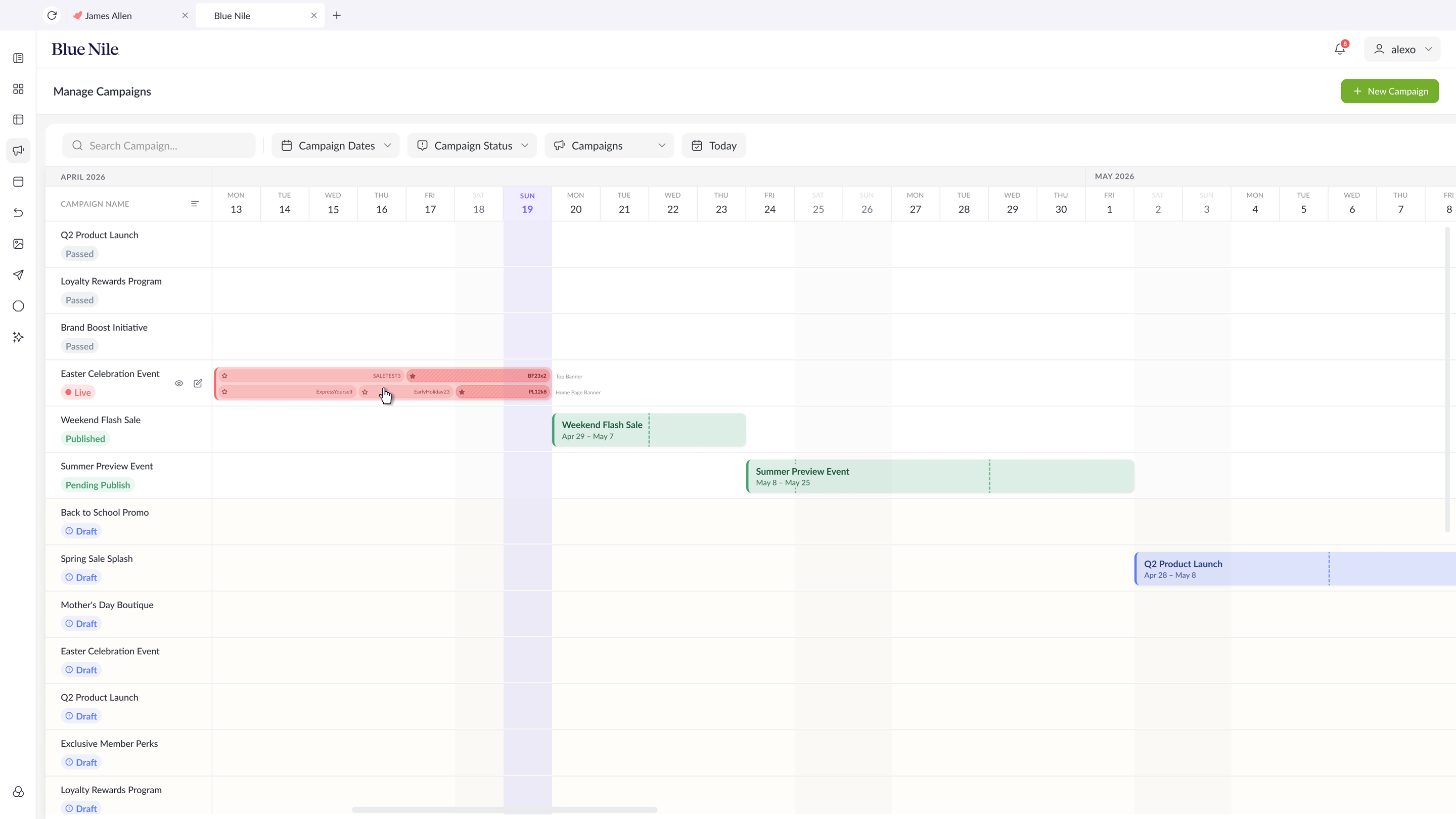 Content Toro campaign calendar showing campaign rows, date columns, publishing states, scheduled bars, and placement details.