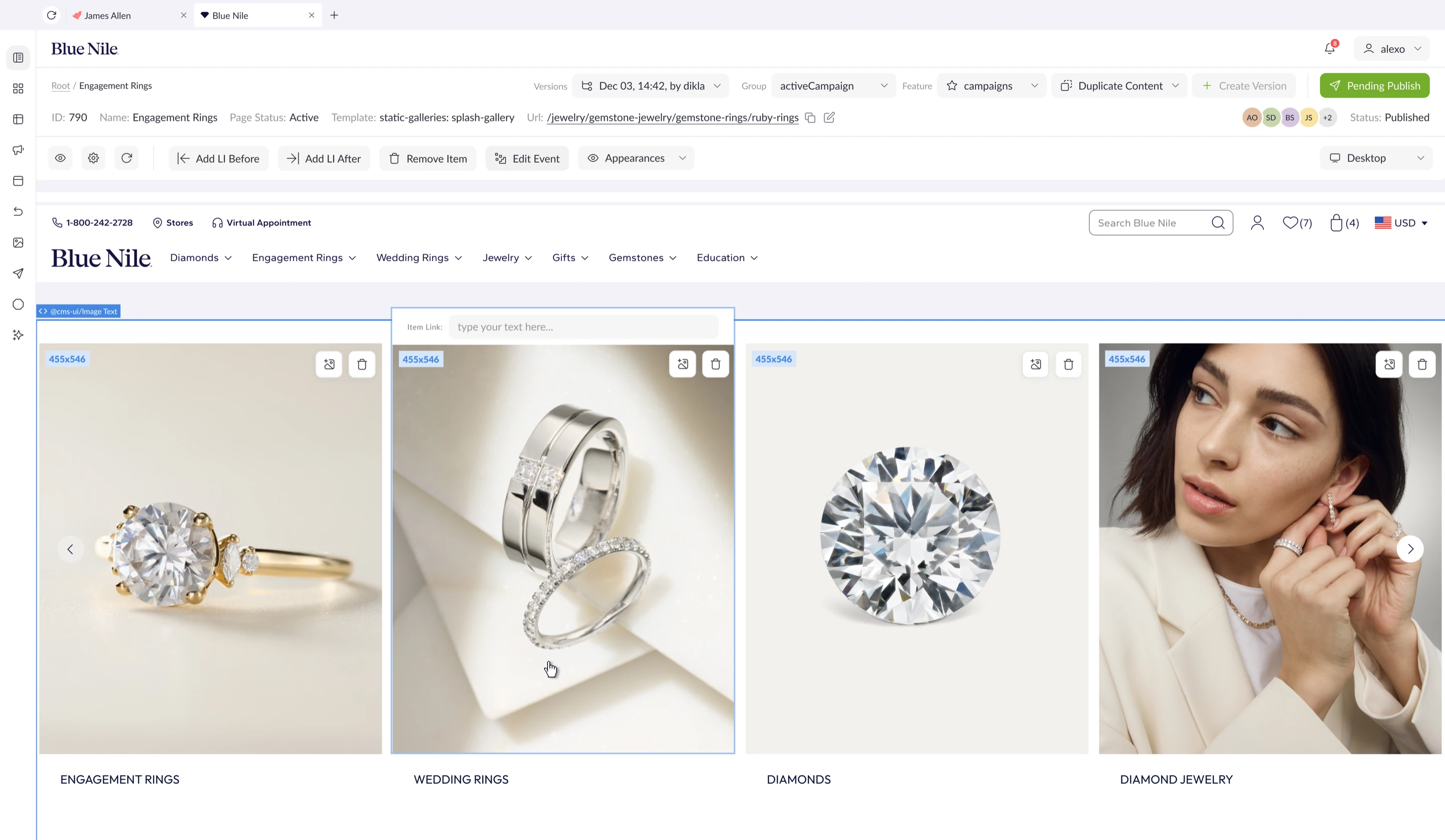 Content Toro page editor with a selected carousel component, product cards, image controls, appearance settings, and live page preview.