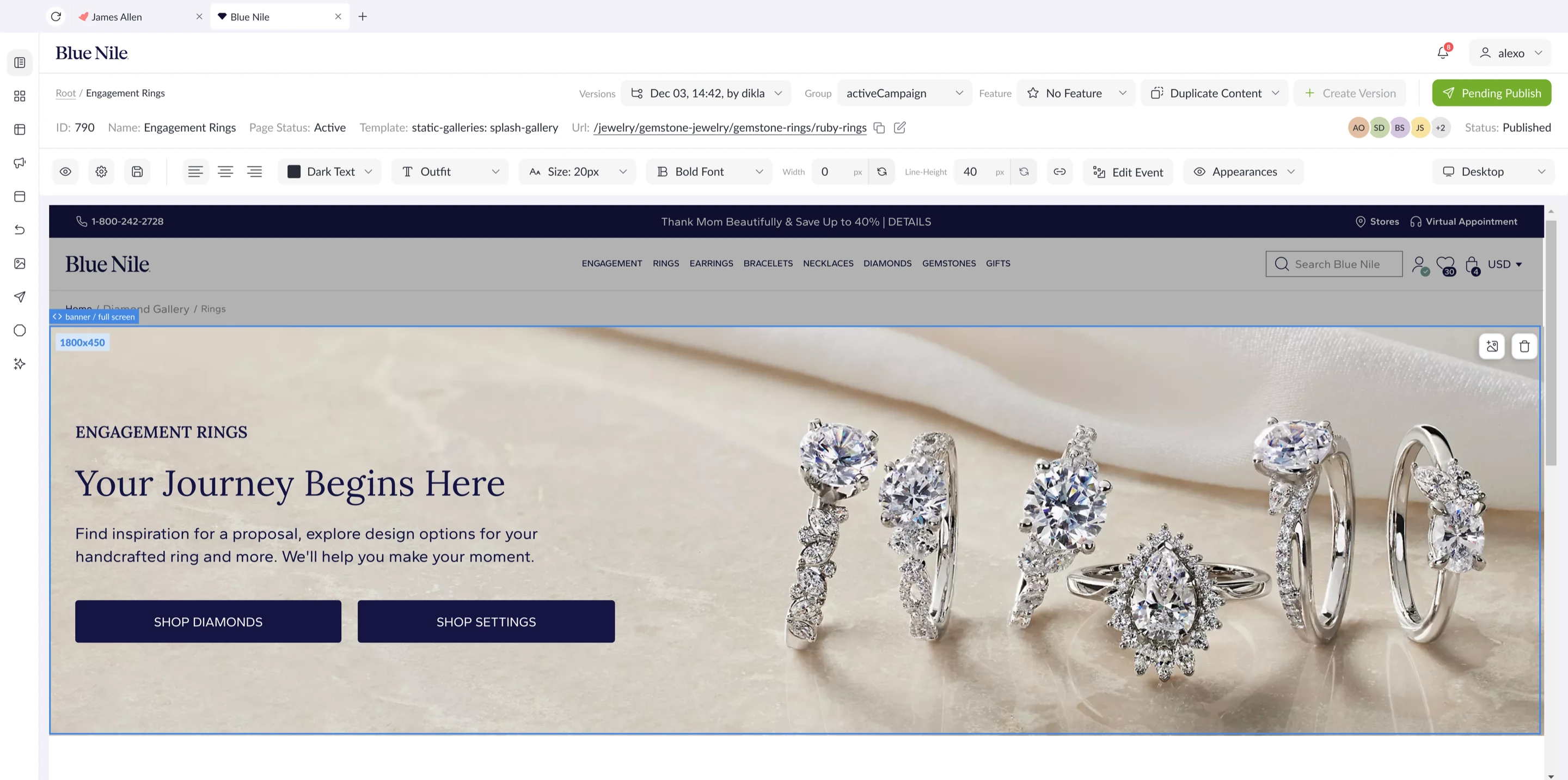 Content Toro page editor with a selected CMS component, Blue Nile preview canvas, version controls, and publishing actions.