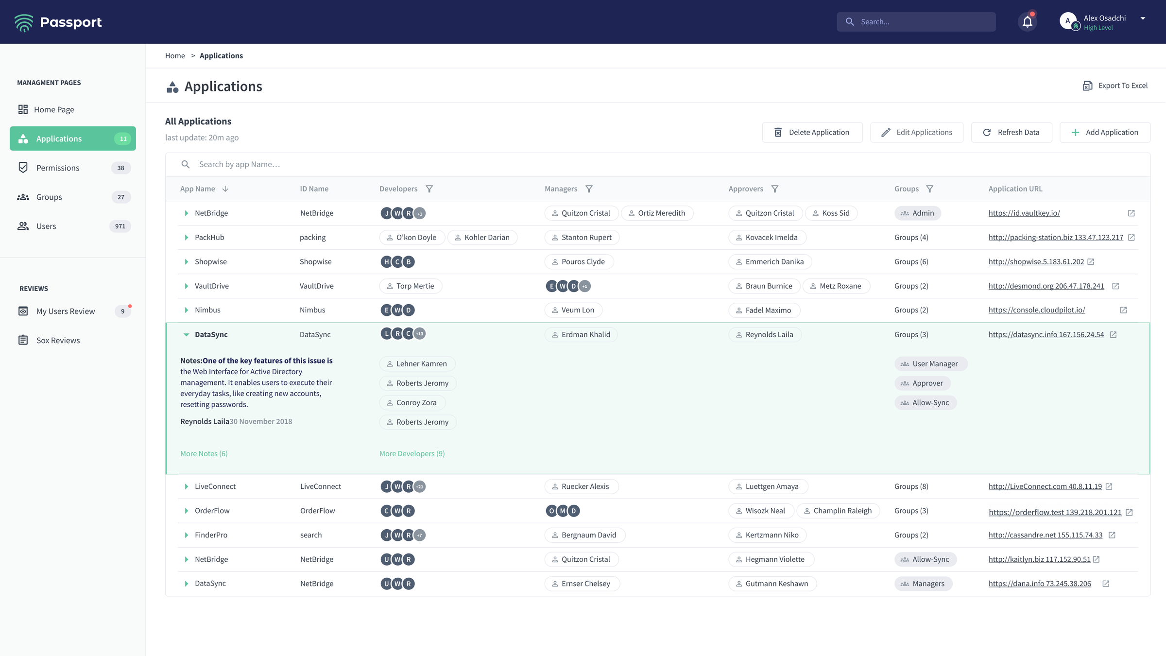 Passport applications table with an expanded application showing owners, approvers, groups, and notes.