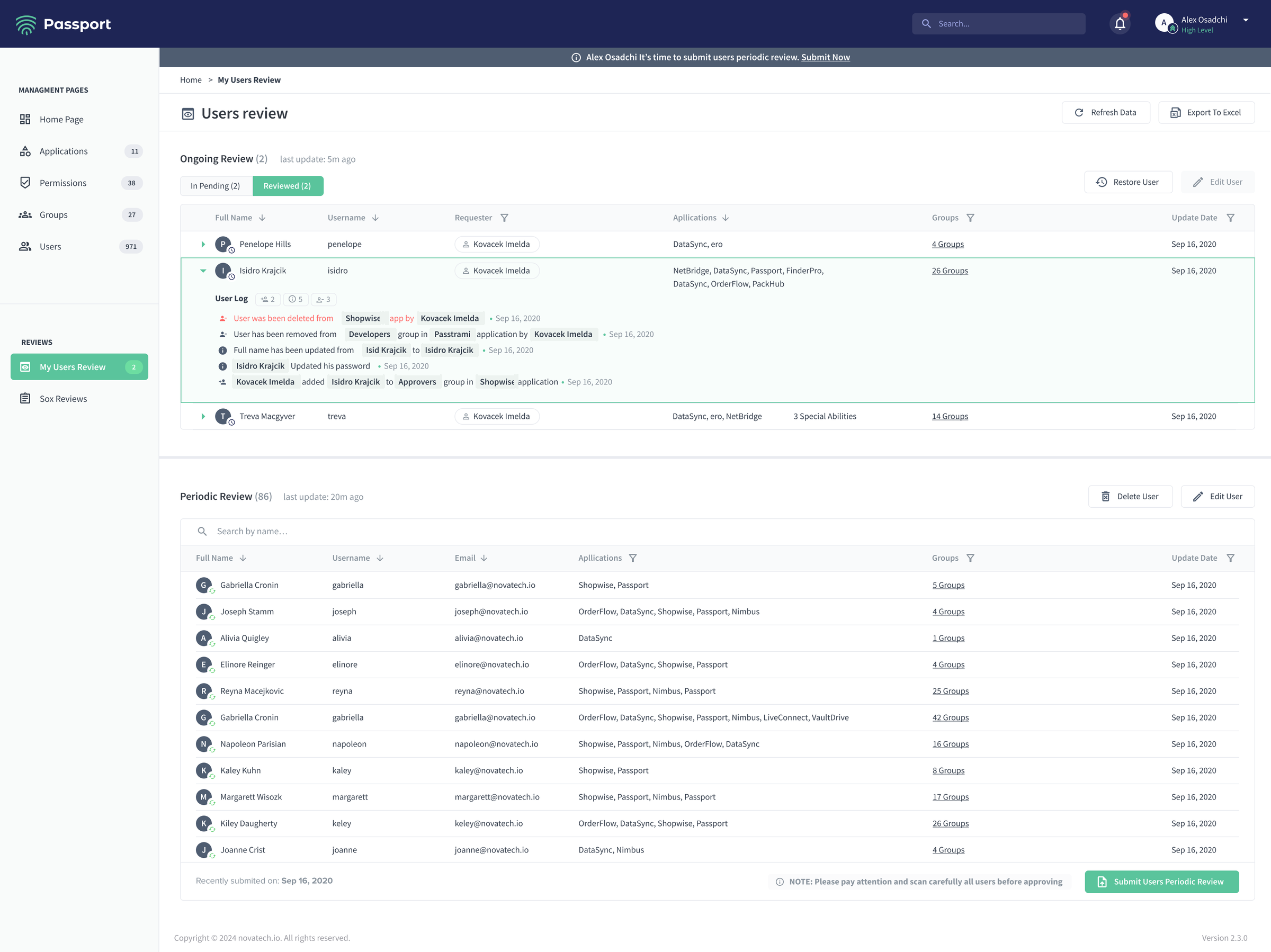 Passport reviewed access state with an expanded user log and preserved review history.