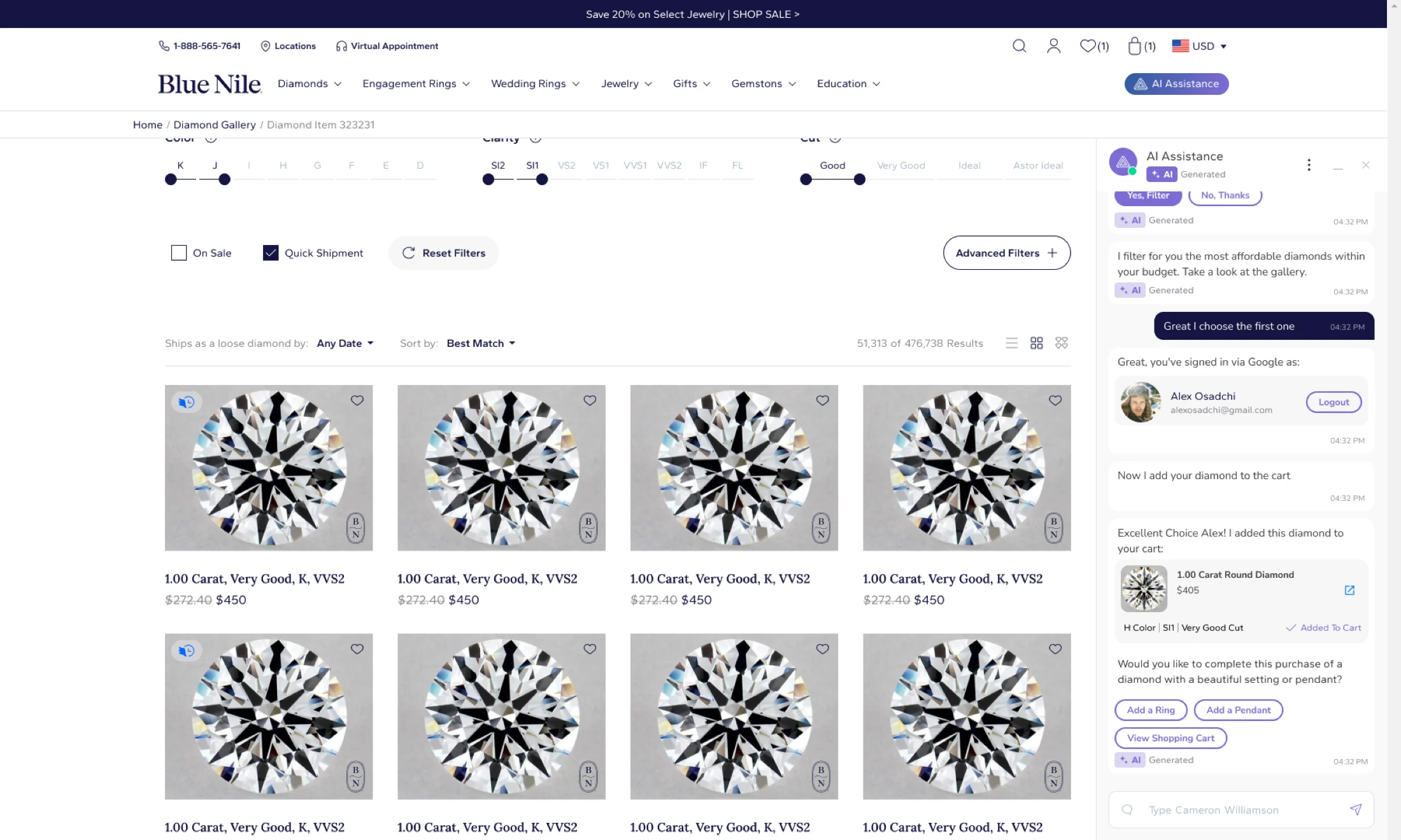 Blue Nile diamond results grid with an AI assistant panel for comparing products inside the shopping flow.