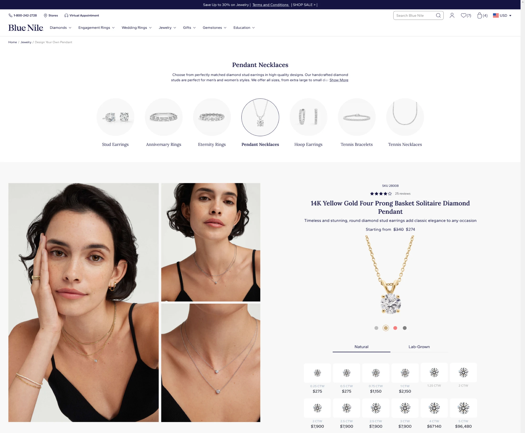 Blue Nile jewelry browsing concept with editorial model imagery, necklace details, category modules, and product discovery sections.