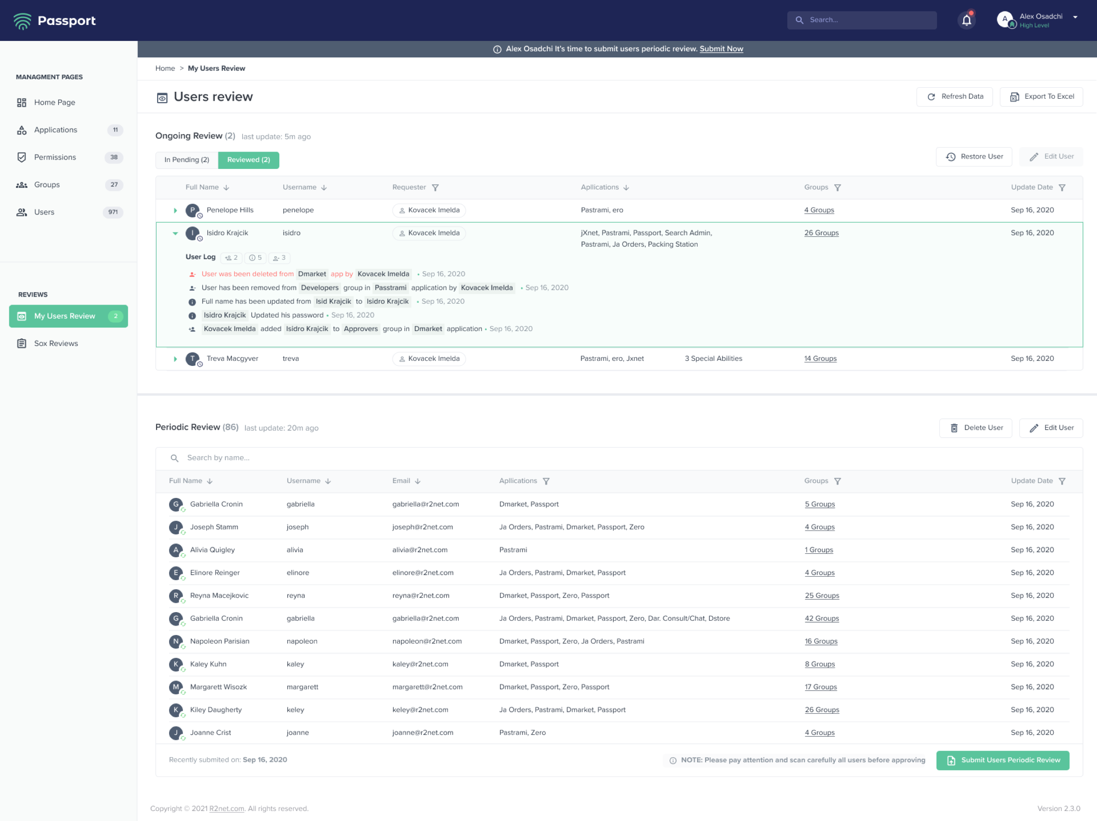 Passport admin screen with a user table, selected account details, permissions, roles, and access controls.