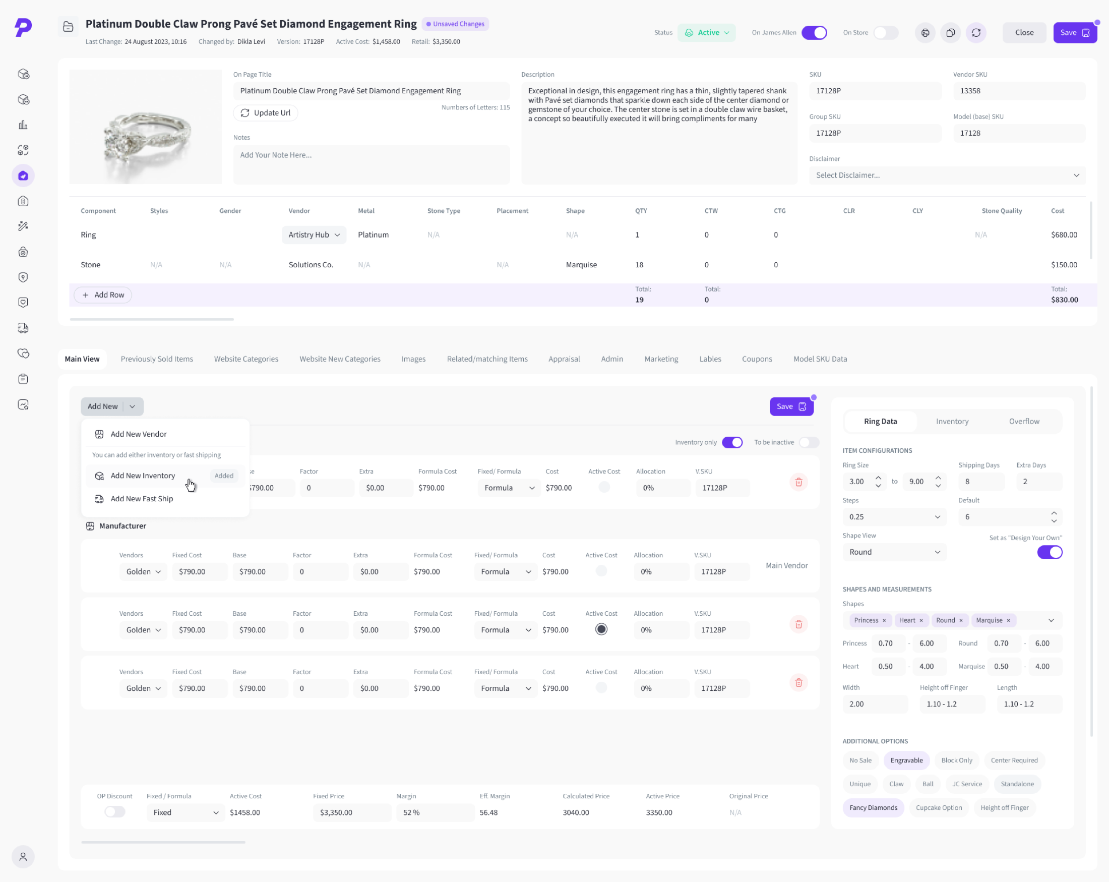 Vendor operations dashboard with product tables, inventory data, pricing fields, status controls, and configuration panels.
