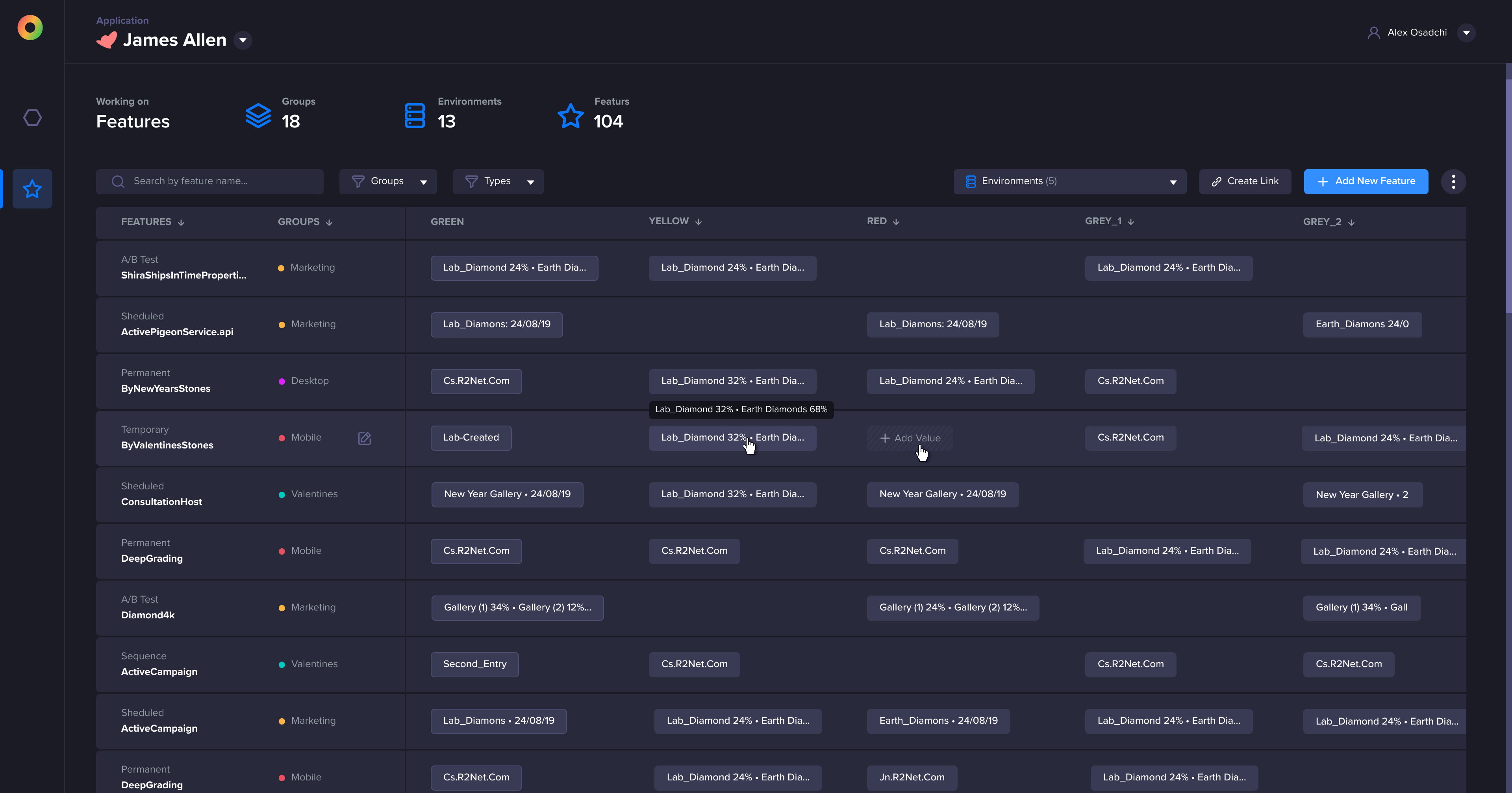 Zero features table with feature groups, environments, values, and rollout states.