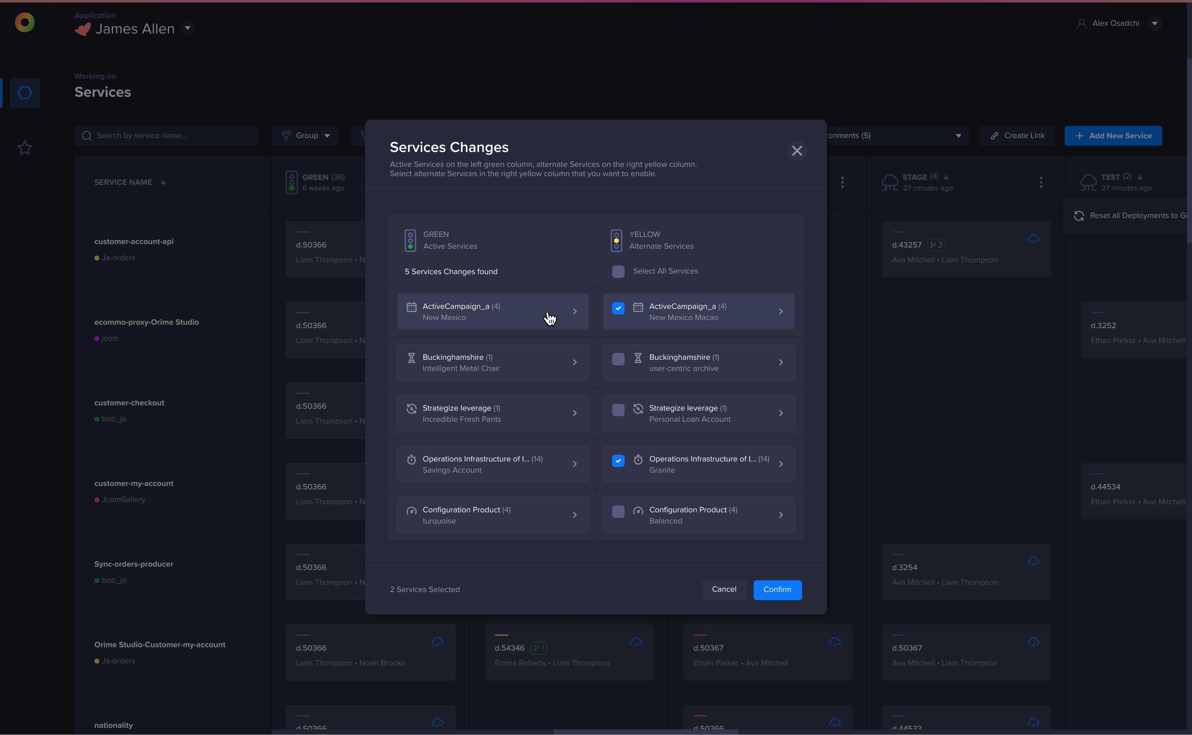 Zero services changes modal comparing active green services with alternate yellow services.