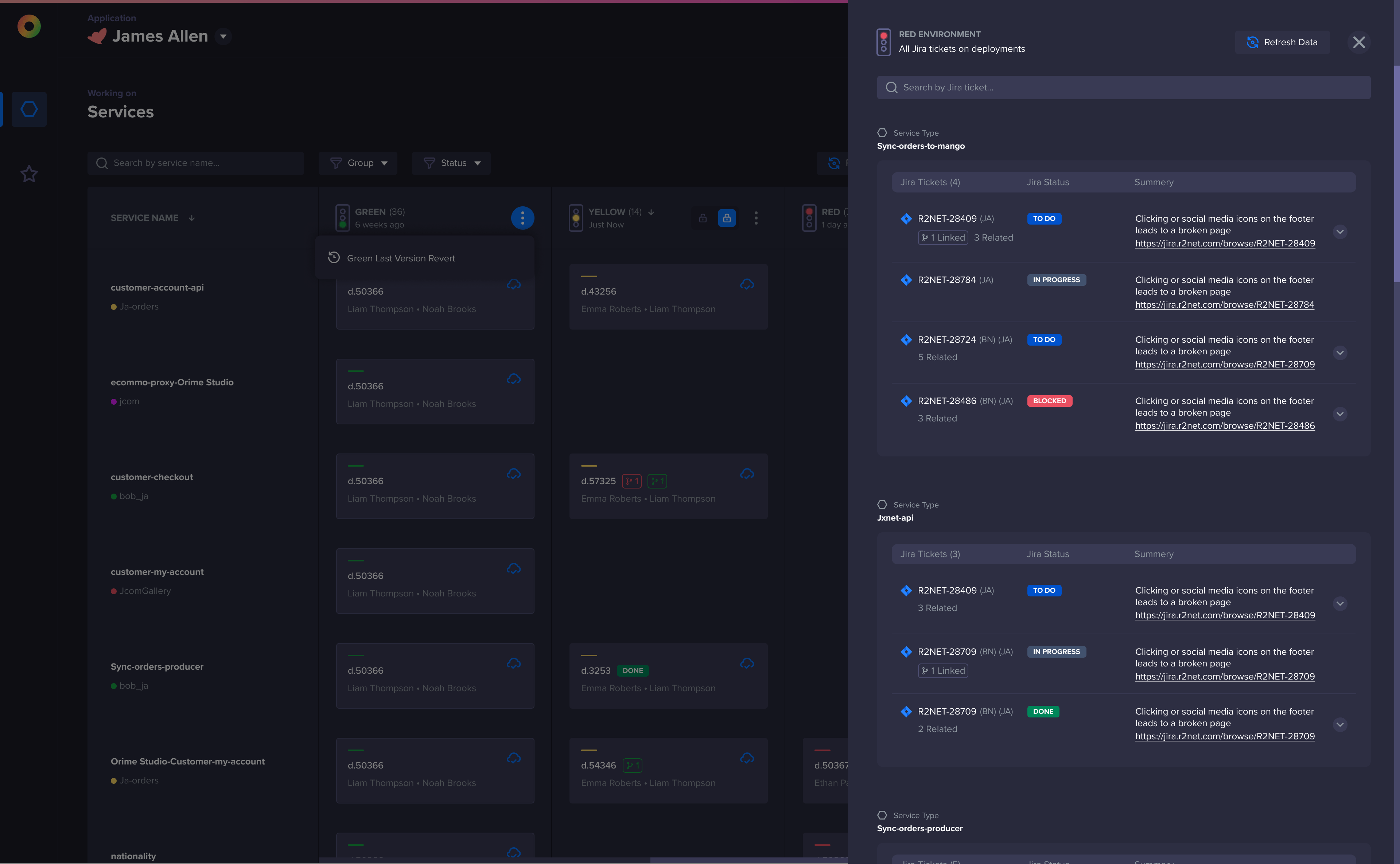 Zero services board with a Jira deployments drawer listing tickets, statuses, summaries, owners, and related work.