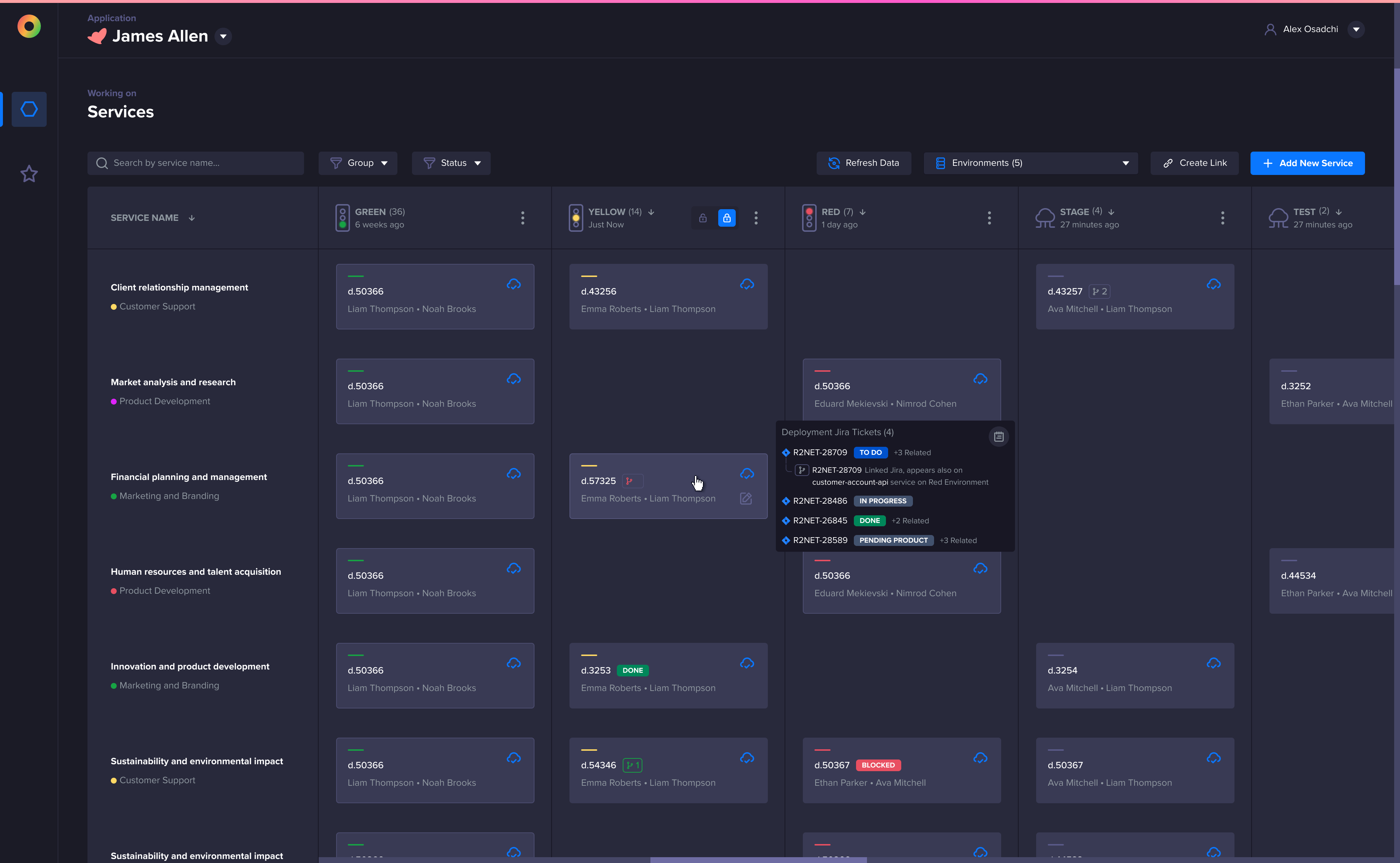 Zero services board with environment columns, service cards, status labels, and a Jira ticket popover.